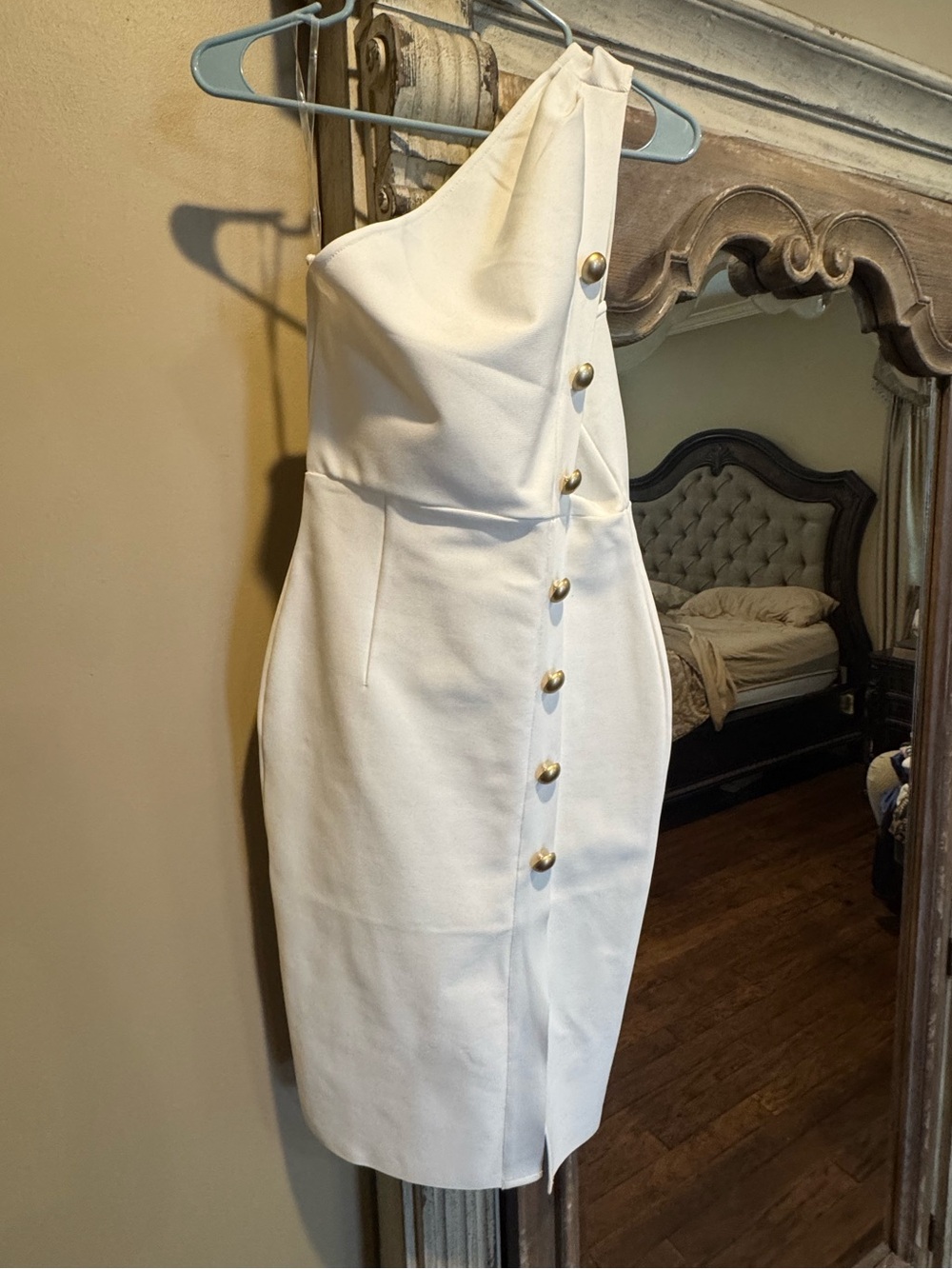 NEW without tags. One-Shoulder White Button-Front Sheath Dress (Never Worn)